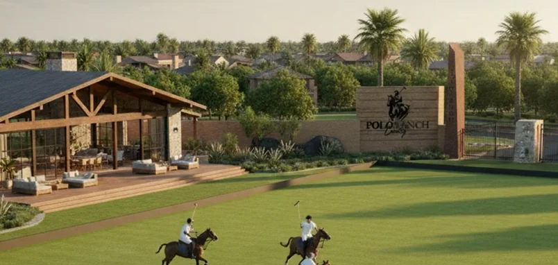 Jugadores de polo a caballo en la cancha de Polo Ranch